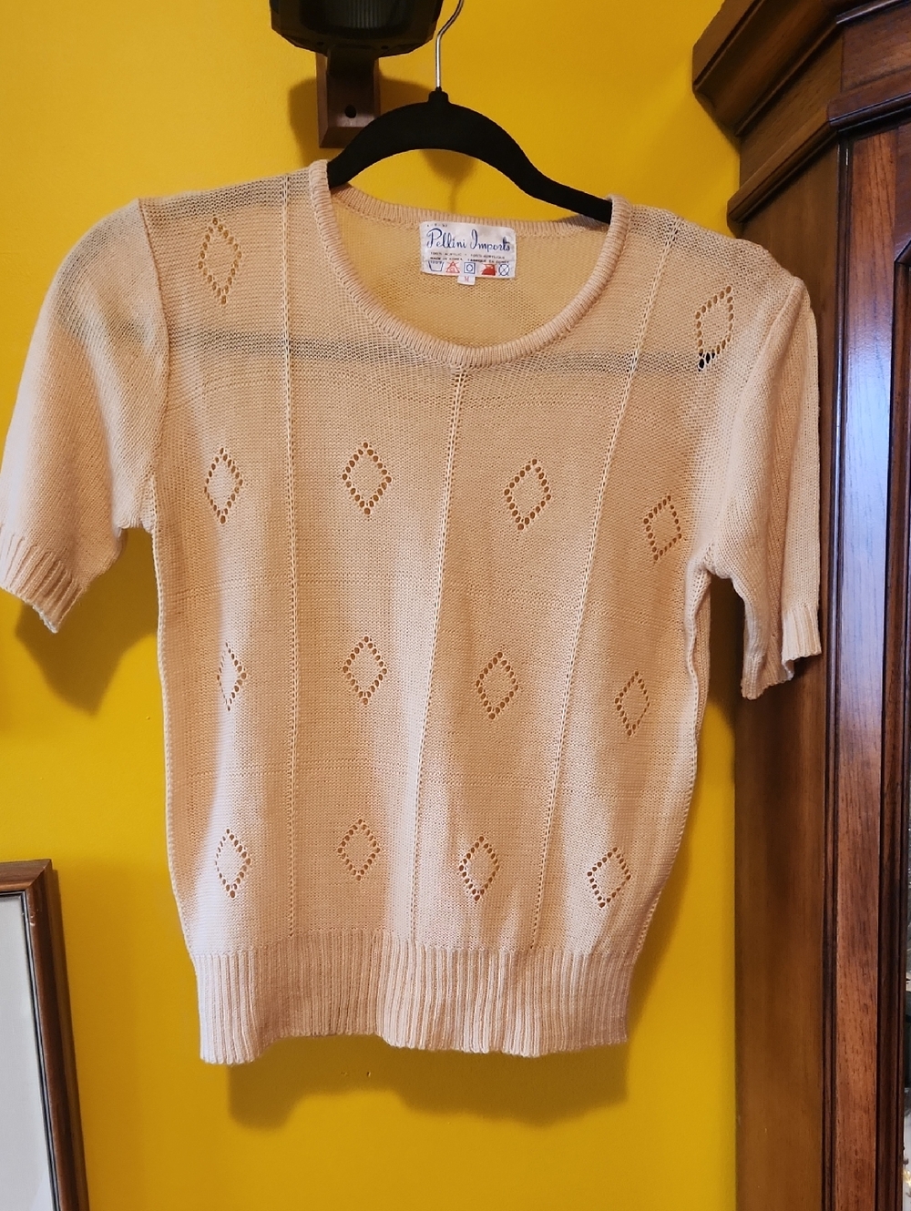 Vintage Yellow Short-Sleeve Diamond Eyelet Sweater
